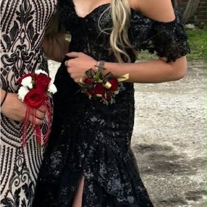 JVN by Jovani Black Lace Off-Shoulder Dress